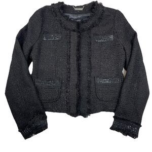 cc Couture Black Tweed Shimmer Sequin Trim Fringe Jacket-L